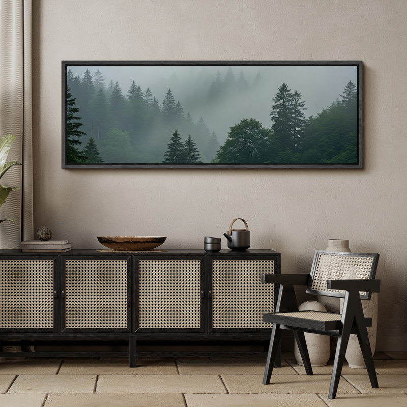 Art mural sur toile Foggy Evergreen Forest, Noir