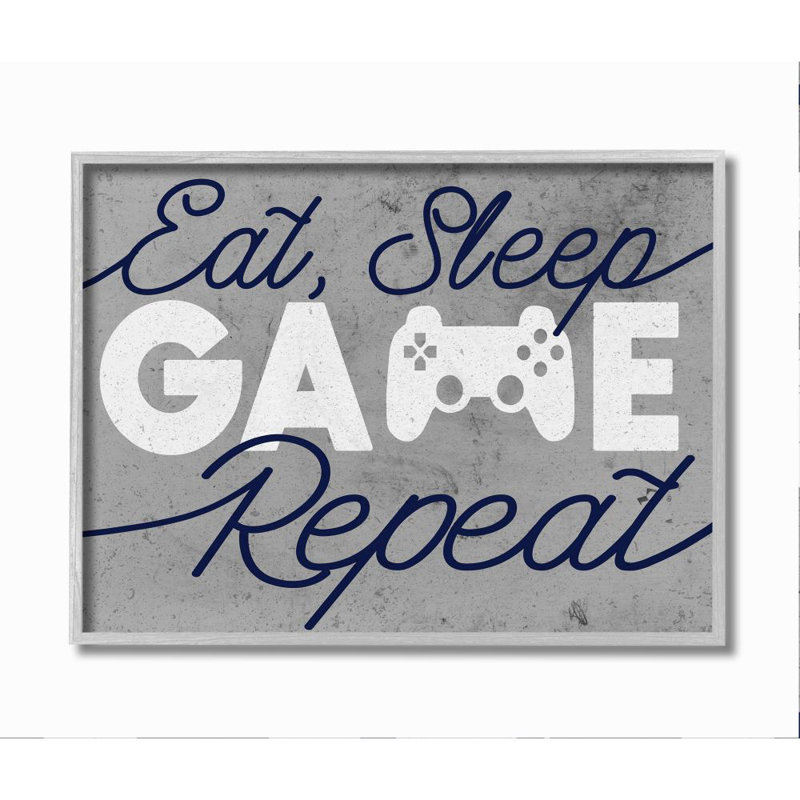 " Video Game Controller Eat Sleep Game Repeat Quote " by Daphne Polselli, Farmhouse Grey Framed Giclee