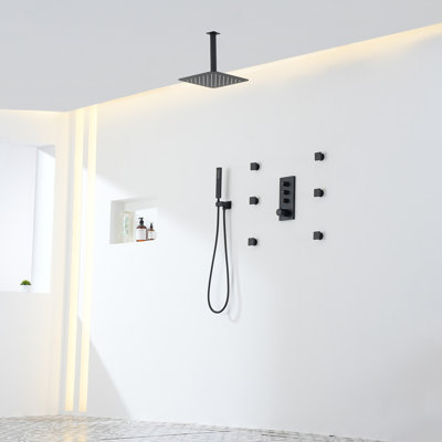 3-Function 12-Inch Ceiling Mount Thermostatic Bathroom Shower System In Matte Black Stainless Steel