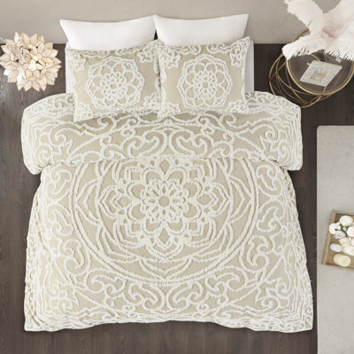 Housse de couette en coton très grand / très grand - taupe 100% pour le confort. Ornement en médaillon. 2 taies décoratives. . Entretien facile avec la machine à laver taupe 3 pièces. Nuits de rêve. Chenille Grace. S'agence facilement