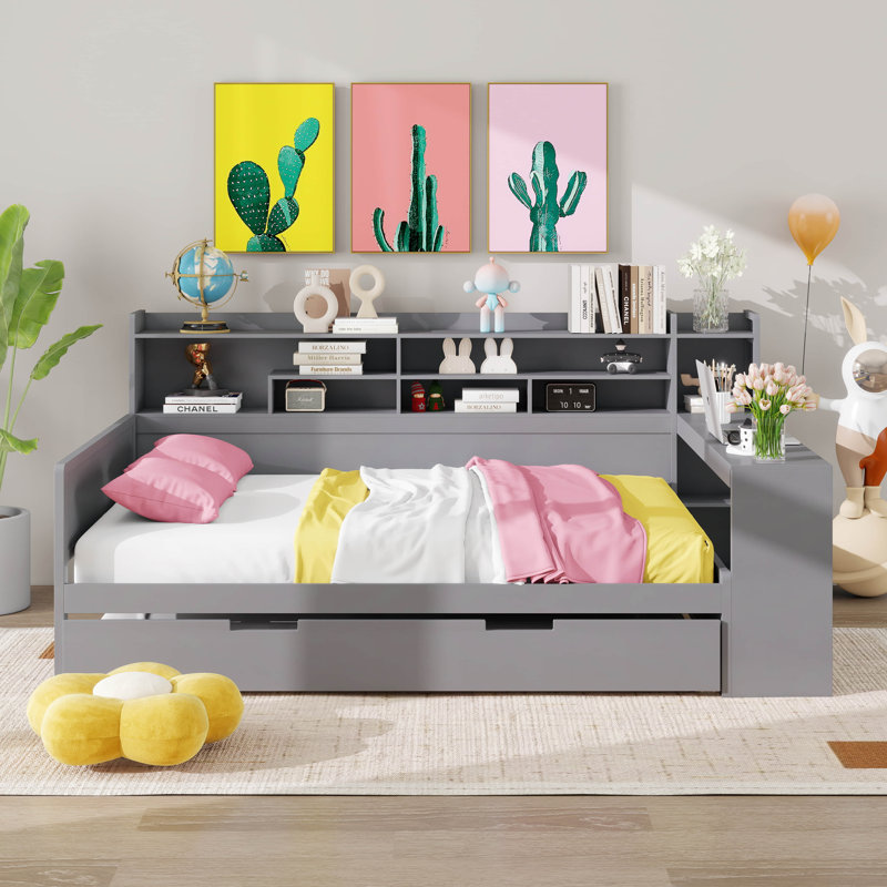 Lit de jour, lit de jour en bois avec tablettes de rangement, lit multifonctionnel avec lit gigogne et bureau d'étude, Double