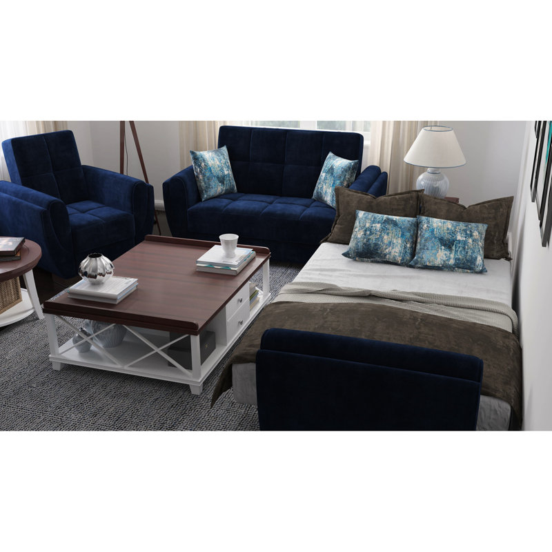 Chenille bleue avec rangement: confortable, peu encombrante, capacité de 600 lb, tissu polyvalent au design fonctionnel, conception confortable, convient aux petits espaces, poids maximal