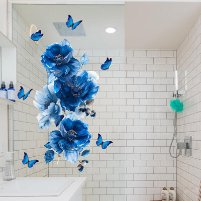 Autocollants muraux fleurs bleues, pivoines autocollantes