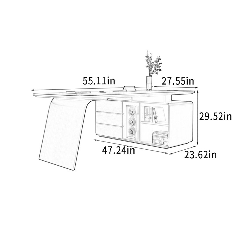 Bureau en bois avec grand rangement dissimulé, H 29,52 po x l 55,11 po x P 27,55 po