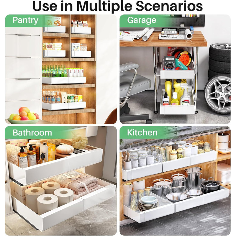 Pull Out Cabinet Organizer, Expandable(12"-20") Heavy Duty Slide Out Drawers Fixed With Adhesive Nano Film For Pots, Roll Out Shelf Storage For Kitchen Base Cabinet Organization(White),Pack Of 1