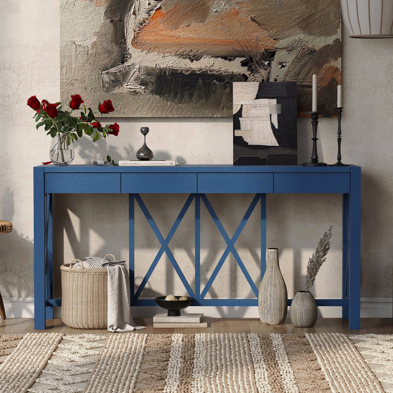 Console de style campagnard avec placage en acacia - 4 tiroirs spacieux avec design moderne Crisscross, Bleu