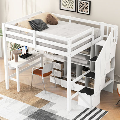 Lit mezzanine double blanc avec bureau en L, tiroirs, armoire et rangement d'escalier - Construction compacte et élégante