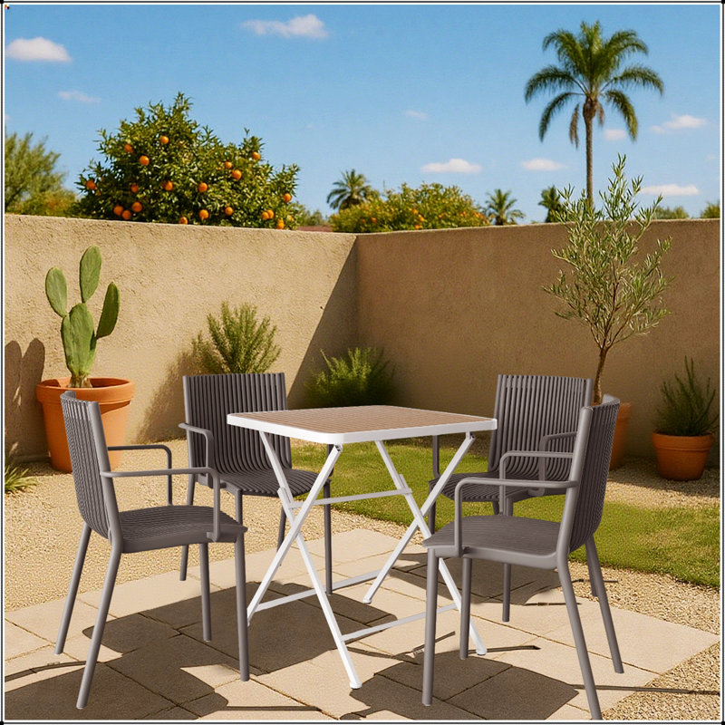 Holiday - Fauteuil empilable en PP gris chaud 4 pièces avec table pliante multifonctionnelle intérieure / extérieure moderne - ergonomique et durable