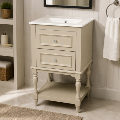 Meuble-lavabo de 20 po avec lavabo en céramique, armoire de rangement avec tablette ouverte, armoire de salle de bain rétro avec 2 tiroirs