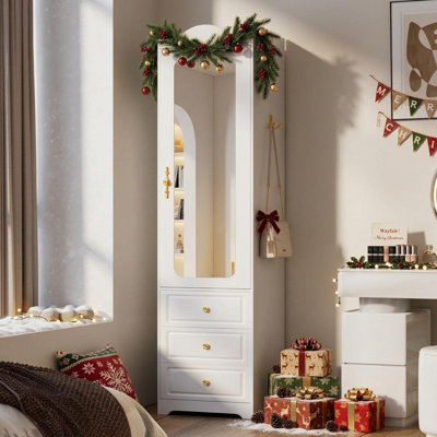 15.75" W Tall Armoire Wardrobe Closet with Mirror & LED Lights, Space Saver, 3 Drawers, Hanging Rod & Adjustable Shelves, White & Right Side Door