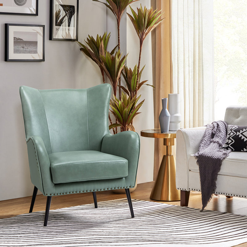 Fauteuil à oreilles en similicuir avec garniture cloutée 30 po Ebbert, Similicuir galet sauge