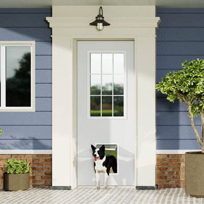 9 Lite, Universal, Clear Glass, White Primed Wood Front Door Slab With Large Pet Door