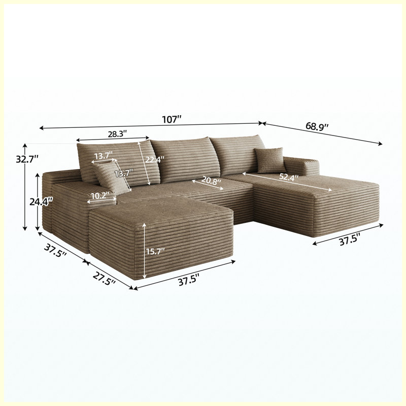 Canapé modulaire 107 po avec repose-pieds Cloud, siège profond en forme de U minimaliste moderne, aucun assemblage requis, velours côtelé