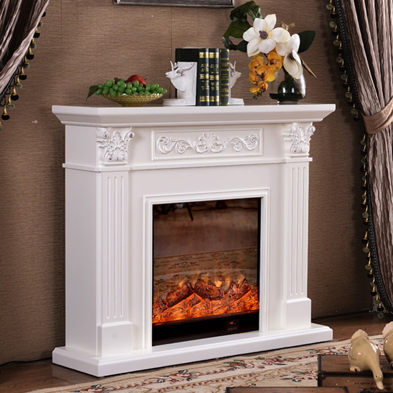 Armoire de foyer en bois massif de style européen avec foyer simulé, H 40,16 po x l 47,24 po x P 12,99 po, Blanc