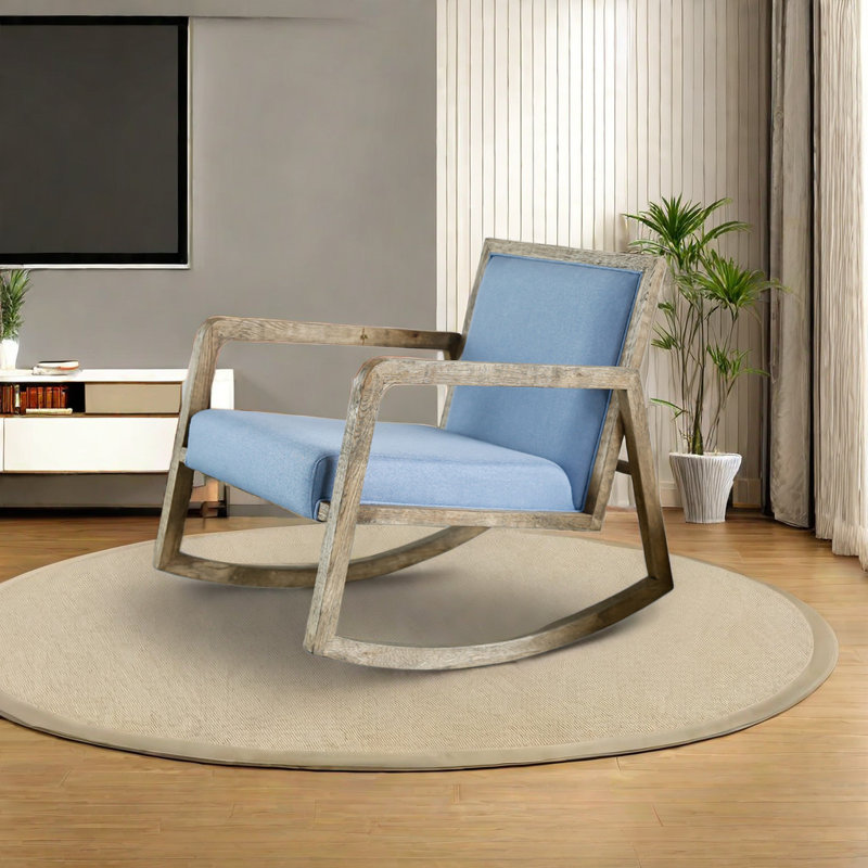 Chaise berçante simple en bois massif, Bleu, Blanc cassé