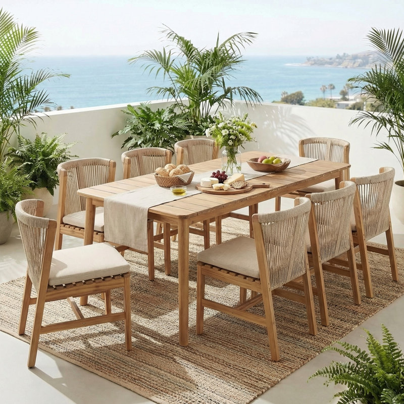 Caelora Outdoor 9-Piece Acacia Wood Dining Set With Woven Rope & Olefin Cushions