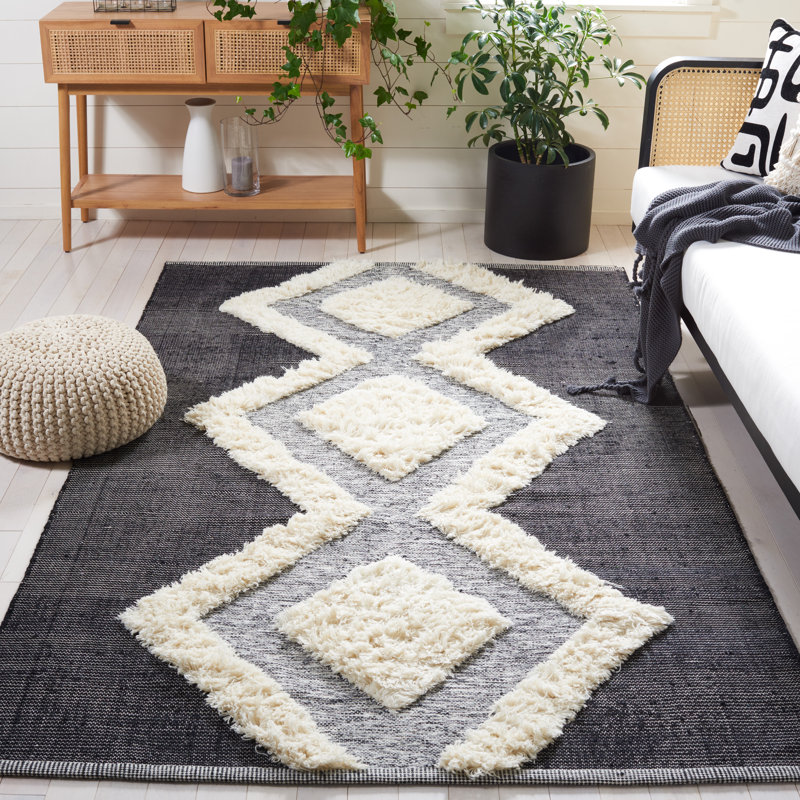 Tapis en laine / coton tissé à la main en ivoire / noir Adamsiii, Rectangle 8 pi x 10 pi