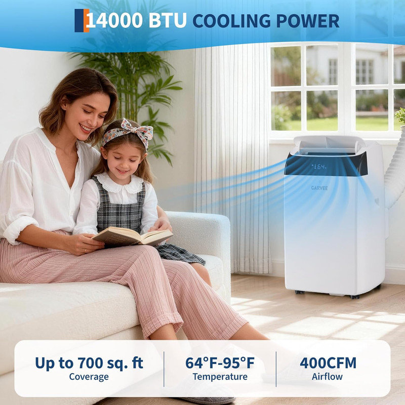 Thermopompe portative 14 000 BTU à onduleur - à double tuyau, silencieuse 42dB, refroidit 450 pieds carrés, intelligente et écoénergétique