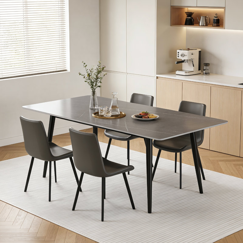 Modern Grey Dining Table, Sintered Stone Top with Marble Vein Pattern, Four Carbon Steel Feet, 75cm H x 160cm W x 80cm D