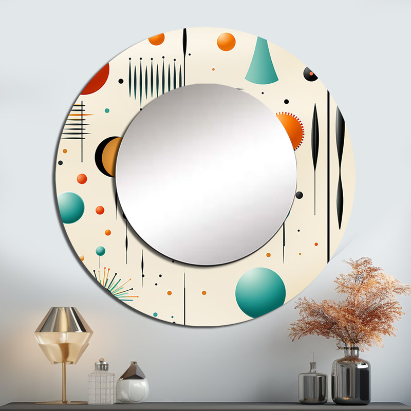 «Riland Beige Retro Modern Geometric Matrix», miroir mural décoratif géométrique, miroir rond beige, impression d'art en métal