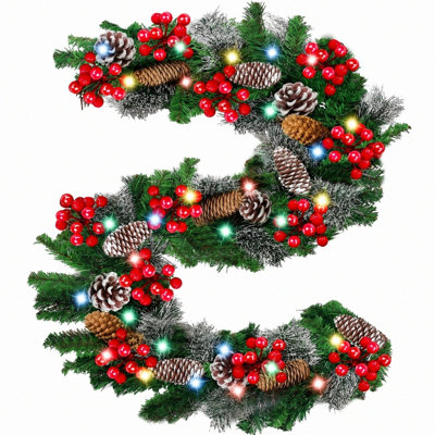 8.8FT Pre-Lit Artificial Christmas Pine Garland with Frosted Tips, Pinecones, and Red Berries