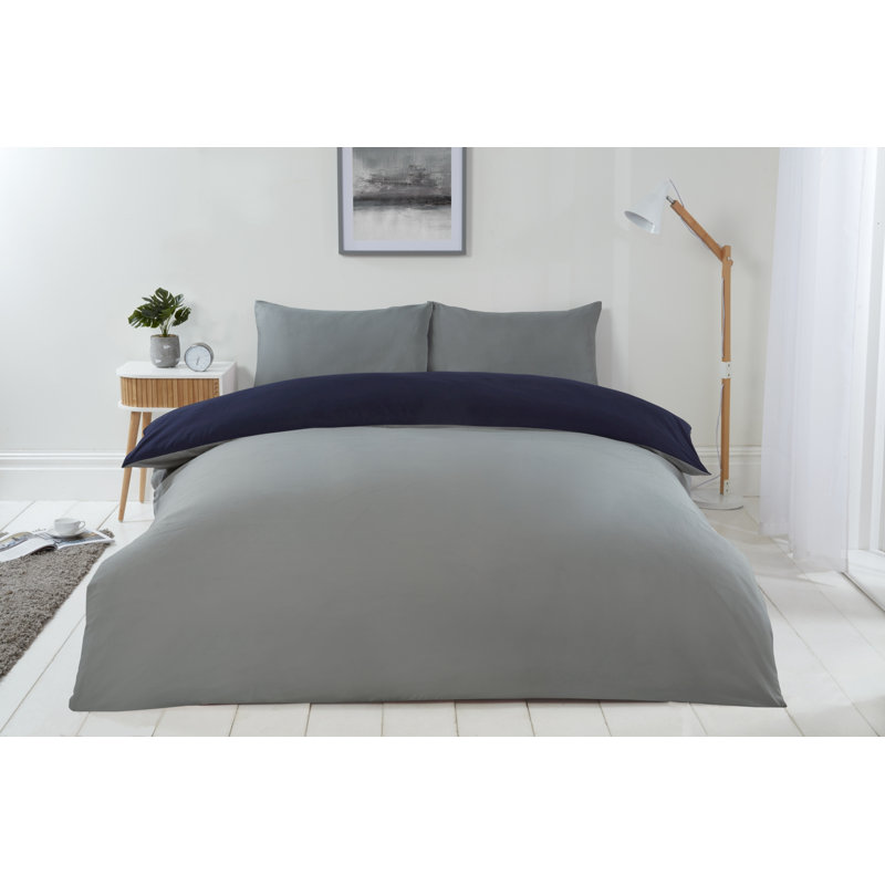 Kirke Polyester No Pattern Duvet Cover Set with Pillowcases, Kingsize - 2 Standard Pillowcases, Navy/Grey