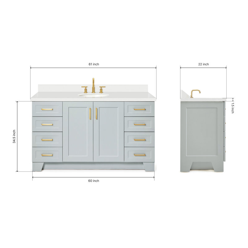 61 IN.  Single Bathroom Vanity, Gray, Oval, White Quartz