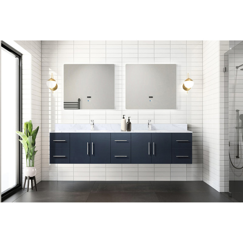 84 po Meuble-lavabo double X 22 avec comptoir et robinet en marbre bleu marine - Portes à fermeture douce, grand espace de rangement et armoire spacieuse, résistance aux rayures