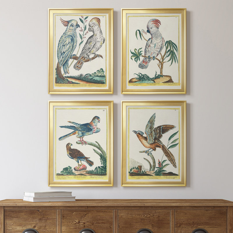 «Pastel Birds I», toile encadrée de qualité supérieure - prête à être accrochée, Cadre doré, H 24,5 po x l 74 po x P 1 po