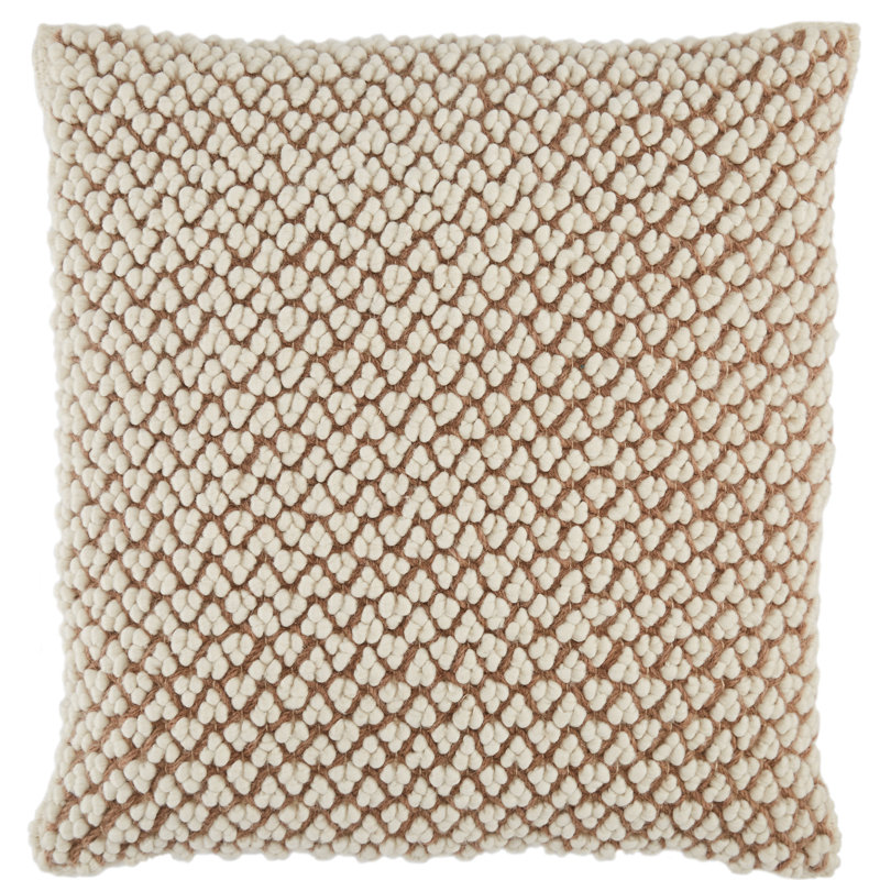 Tan and Ivory Wool Embroidered Square Throw Pillow