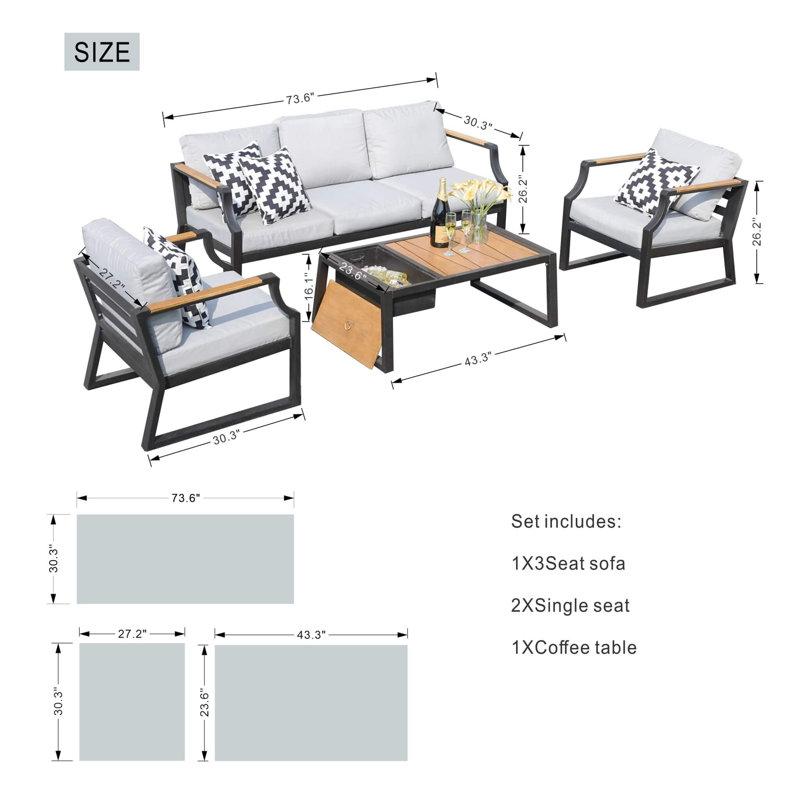 Ensemble de conversation de patio 4 pièces avec canapé 3 places, 2 canapés simples, table basse avec seau à glace en noir