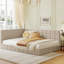 Structure de lit de jour beige avec cadre de lit double - aspect Mid-Century, polyvalente pour la chambre à coucher, avec lattes supplémentaires de style moderne, revêtement en velours, ensemble