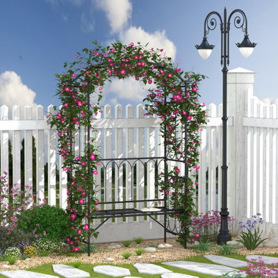 Garden Bench With Metal Trellis - Grow Grapes, Romantic Patio Decor, 484 Lbs Capacity, Black Arch Seat Vines,