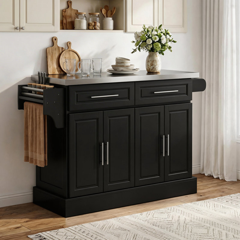 Îlot de cuisine roulant avec rangement, chariot de cuisine portable avec plateau en acier inoxydable, 2 tiroirs, porte-épices, porte-serviettes et armoires, noir