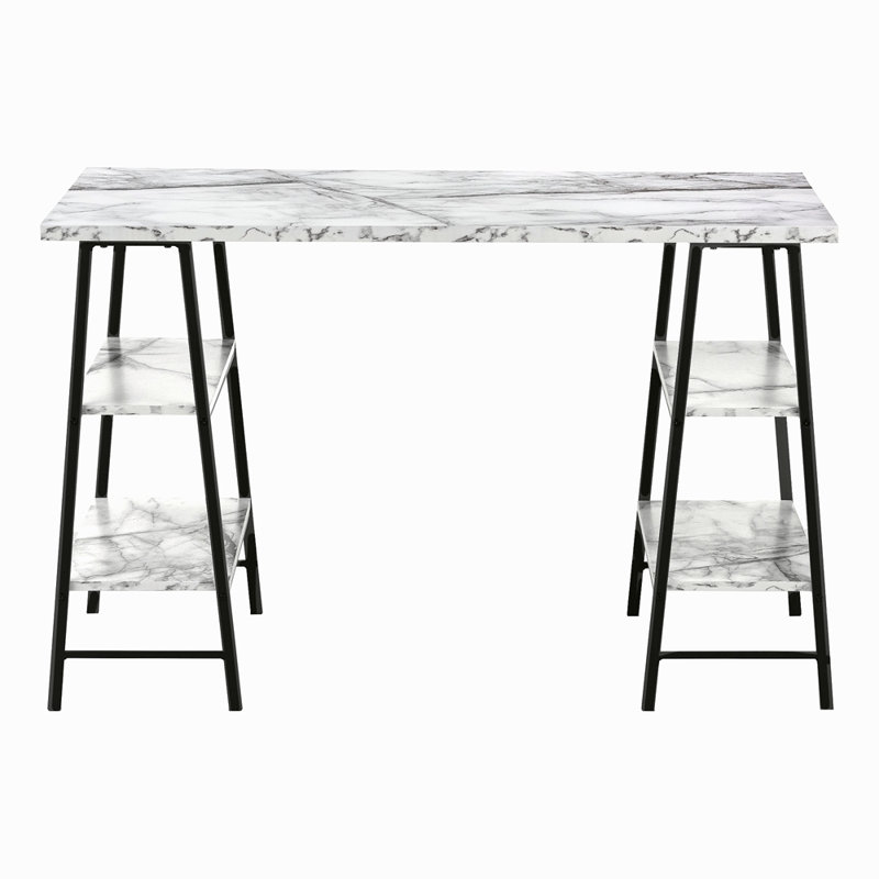 Computer Desk, Home Office, Laptop, Storage Shelves, 48"L, Work, White Marble Look Laminate Metal, Contemporary, Modern