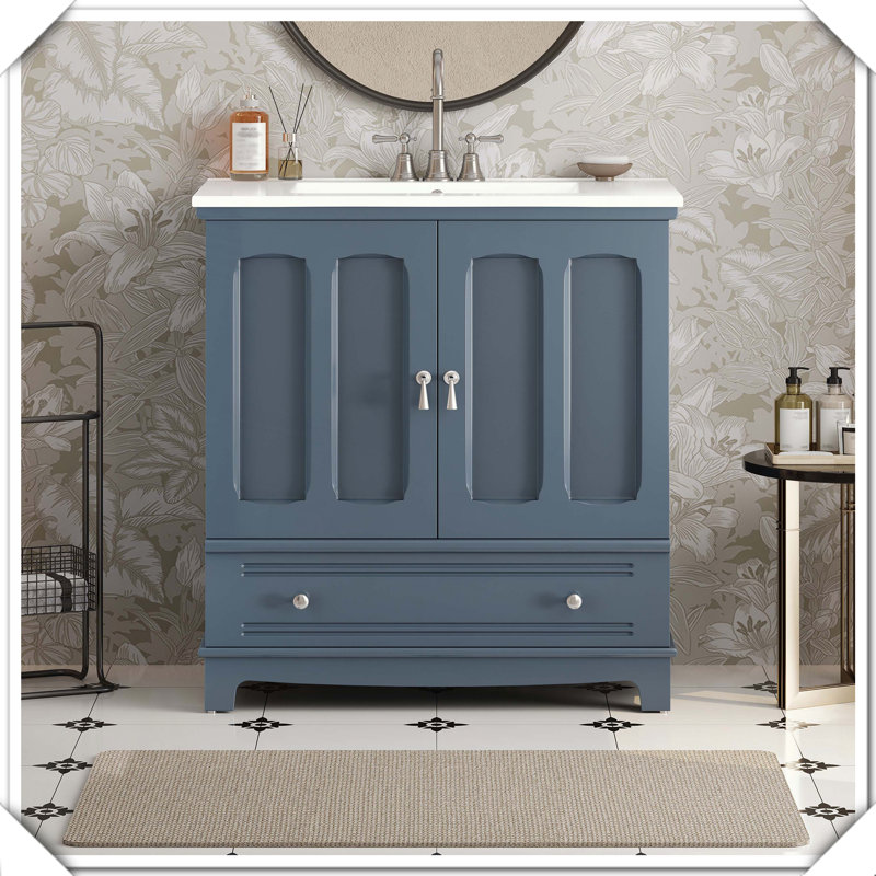 Pieds de meuble-lavabo en bois massif avec lavabo en céramique, Bleu