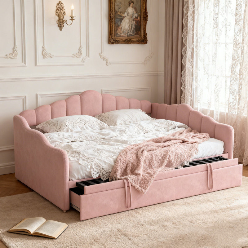 Upholstered Twin Size Daybed with Adjustable Height Pop Up Trundle Twin Bed and USB & Type-C Charging Port, Day Bed Frame with 2 Side Pockets