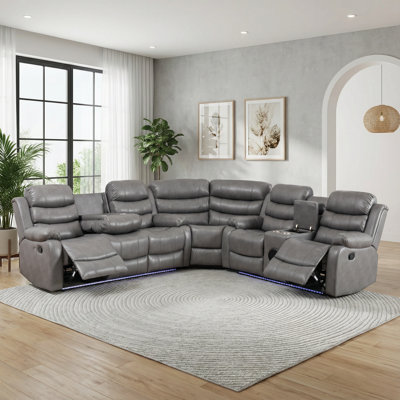 3 Piece Faux Leather Reclining Sectional with LED Lighting, Bluetooth Speaker & Charging Console