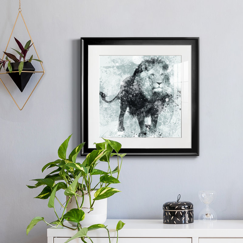 Lion - peinture encadrée, H 17,5 po x l 17,5 po x P 1,5 po, Papier encadré noir