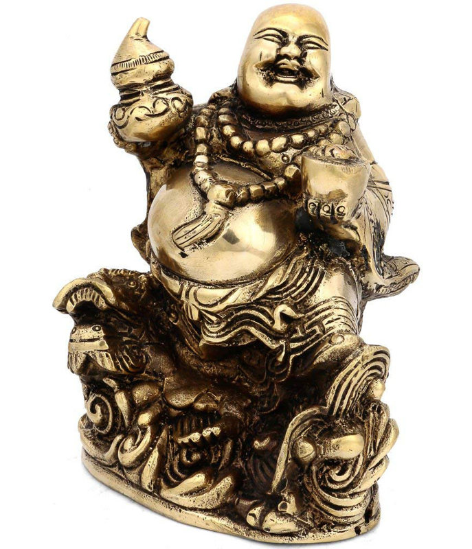 Statue de Bouddha riant fabriqué à la main en laiton, siège de 7 po avec des symboles de richesse, décor asiatique traditionnel pour le salon et le bureau