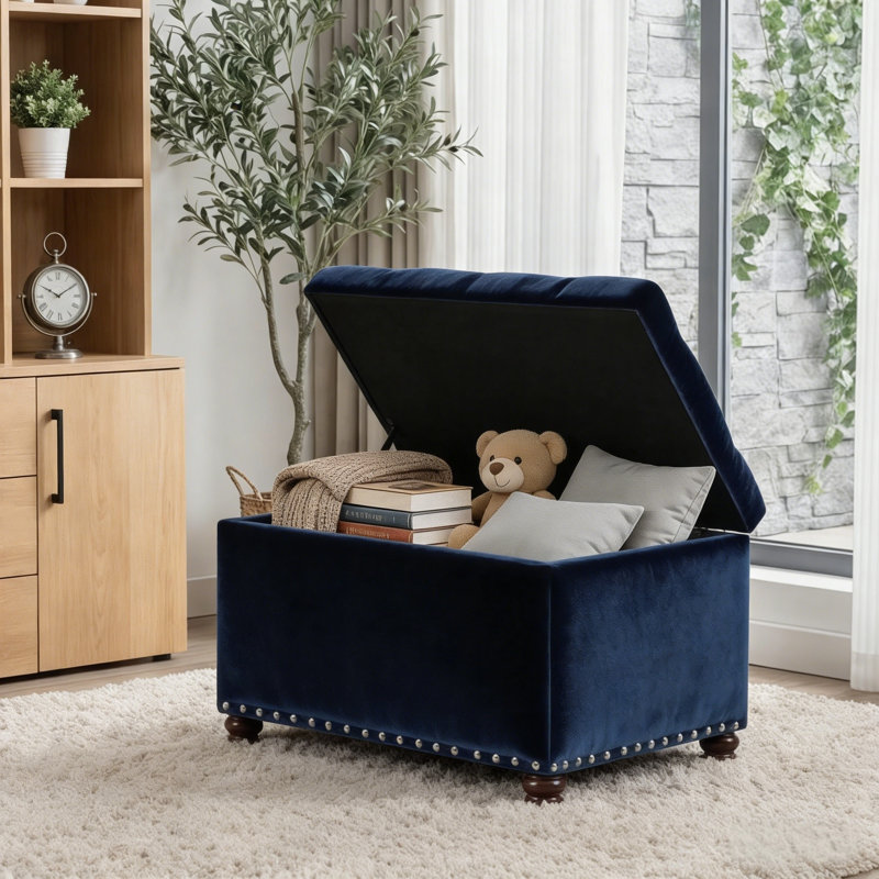 Devault 24" Wide Fabric Tufted Rectangle Storage Ottoman, Dark Blue