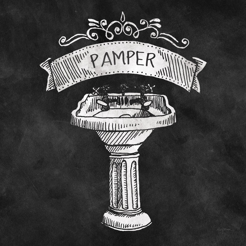 «Chalkboard Bath Pamper» par Mary Urban - Art textuel, H 20 po x l 20 po x P 1,25 po, Cadre flottant noyer, Non