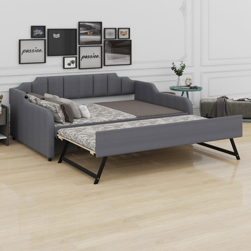 Upholstery Daybed With Trundle And USB Charging Design,Trundle Can Be Flat Or Erected