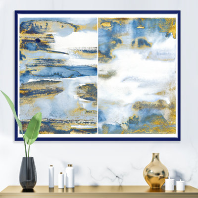 «Dark Blue and Gold Abstract Waves III», peinture sur toile à cadre flottant