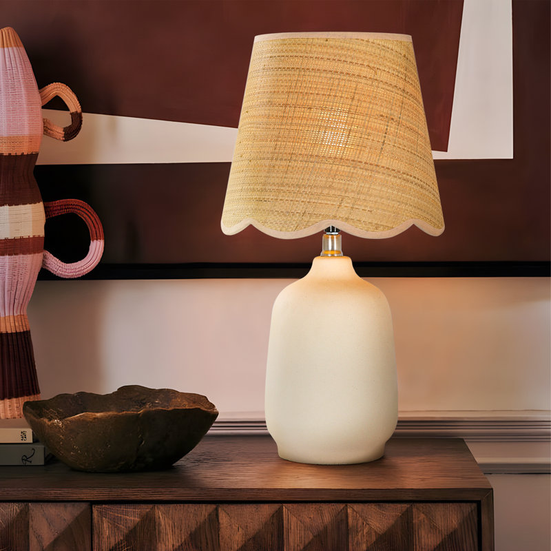 Kokenos Ceramic and Rattan Table Lamp with Scallop Shade, Cream White