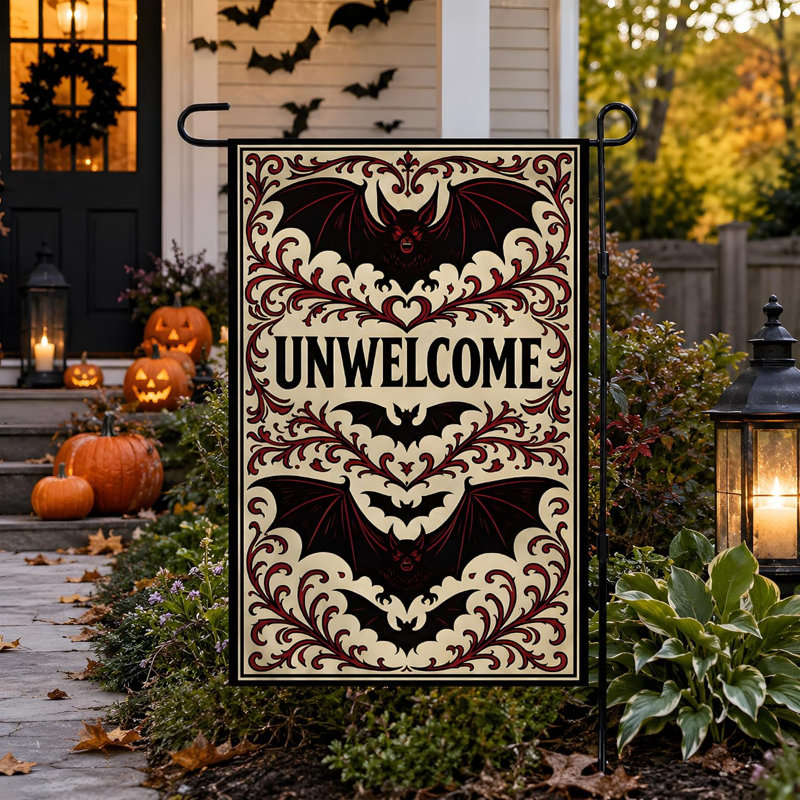 Décorations d'Halloween extérieures - Drapeau de jardin de chauve-souris gothique indésirable | Décorations d'Halloween, cadeaux et fournitures pour les fêtes, bannière double face pour jardin, cour, porche, terrasse et pelouse