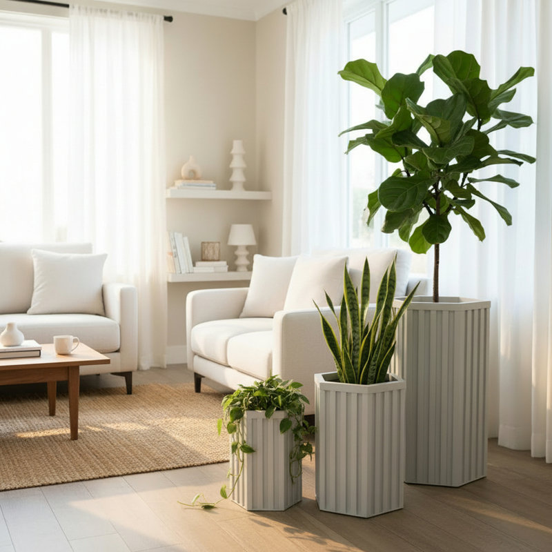 Hexagon Column Planter, White, 22.25" H x 13.5" W x 11.75" D