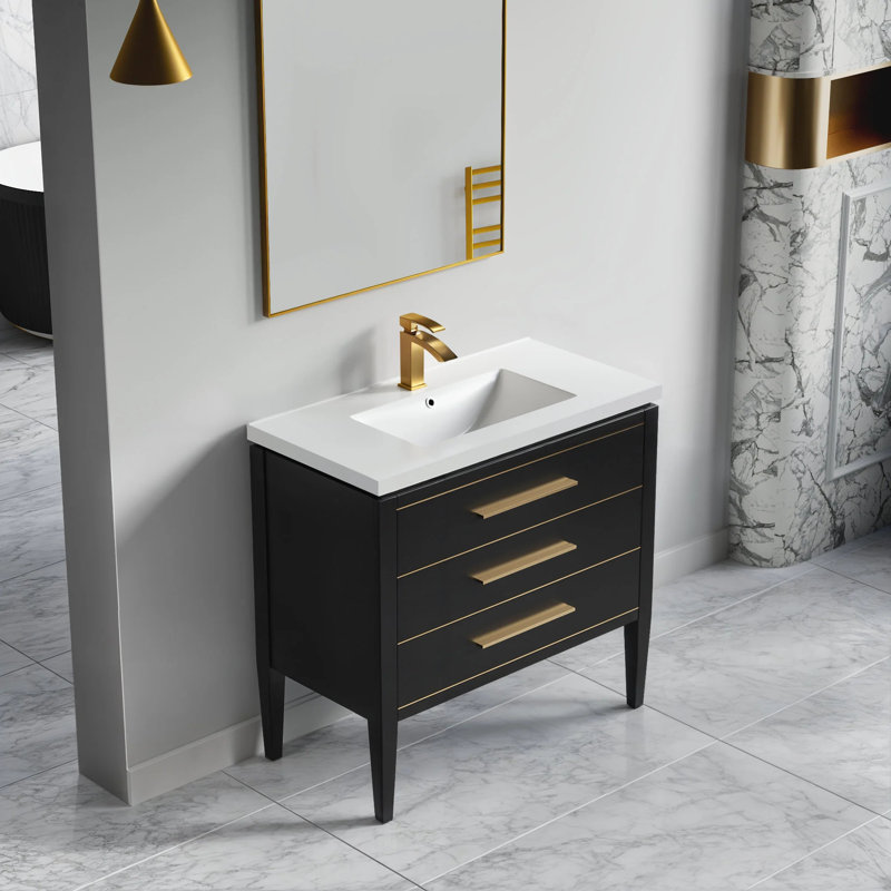 Shikhare 36'' Single Bathroom Vanity with White Ceramic Top – Soft Close Drawers & Freestanding Design, Black/Gold