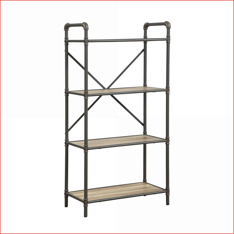 Bookshelf, Rustic 4-Tier Open Shelves | Antique Oak &amp; Light Gray Finish | Metal Frame | 23.5”W x 13.2”D | Oak | Metal