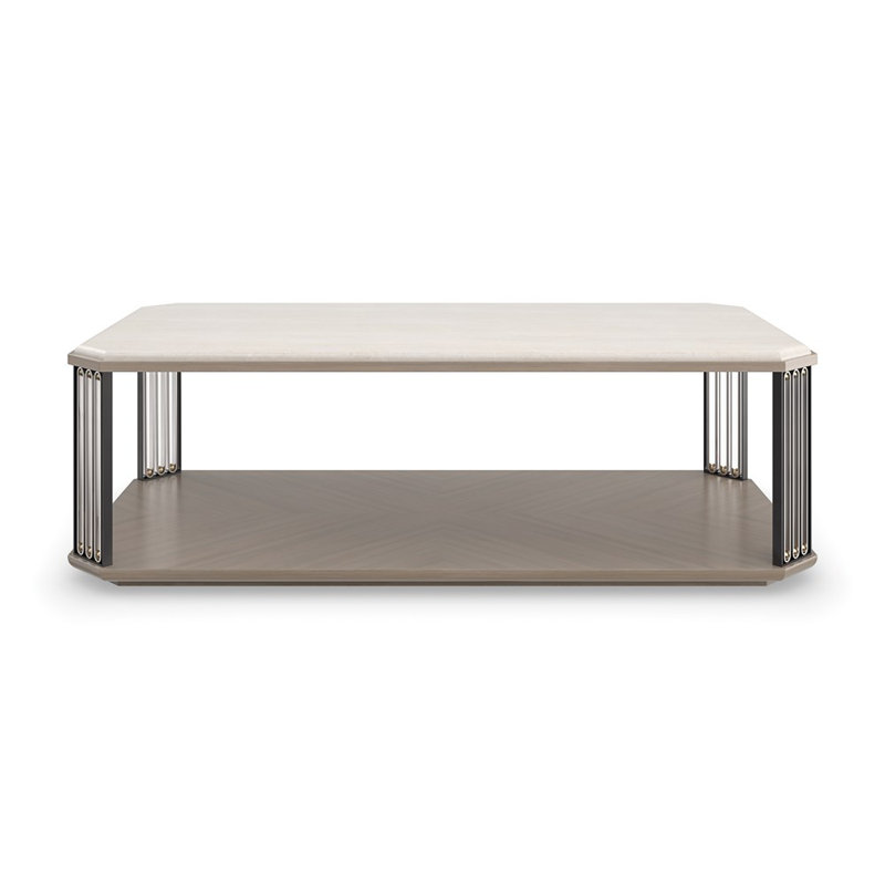 Beige and Gold Rectangular Marble and Wood Cocktail Table